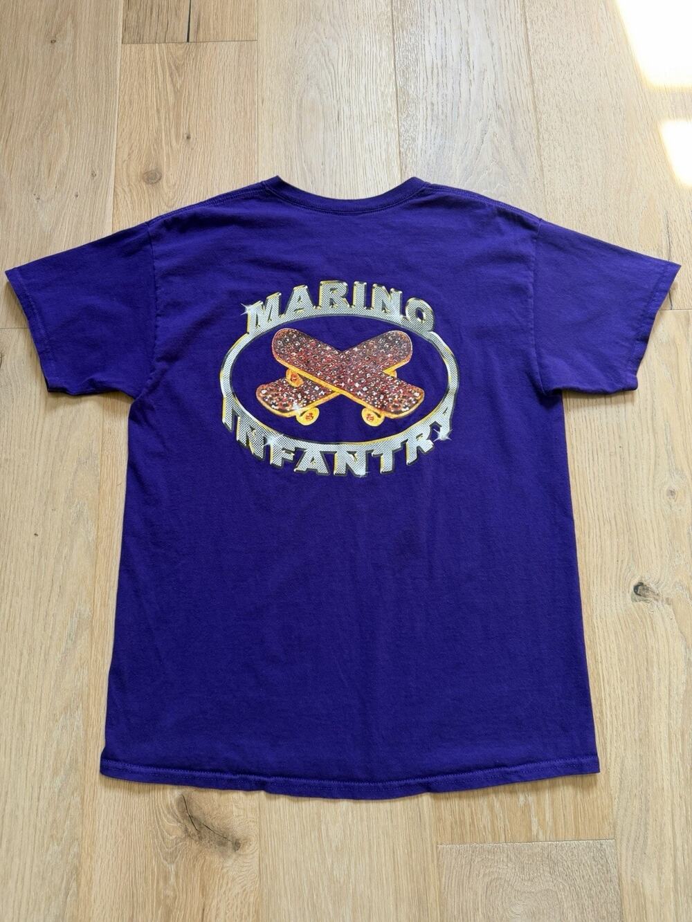 Y2K Marino Infantry Iced Out 2 Skateboards Graphic Tee Purple Gildan Size L VTG